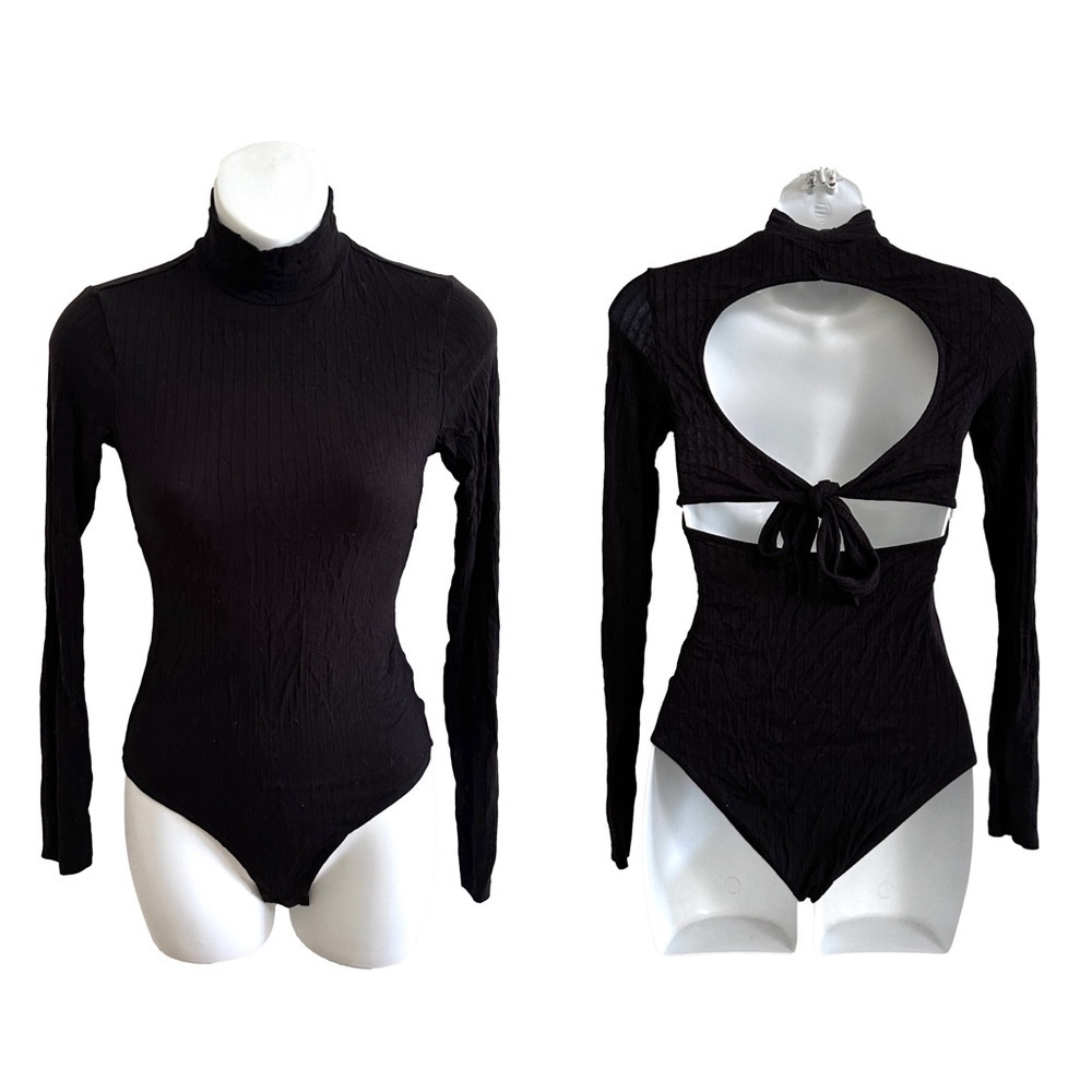 H&M Divided Women’s Black Ribbed Mock neck Open Back Tie Long Sleeve Bodysuit XS